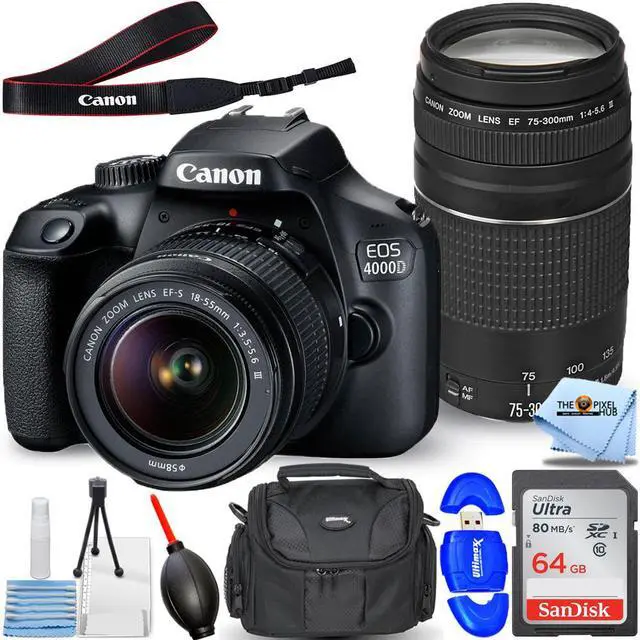 Main image of Canon EOS 4000D / Rebel T100 with 18-55mm III + 75-300mm Lenses - 64GB Bundle