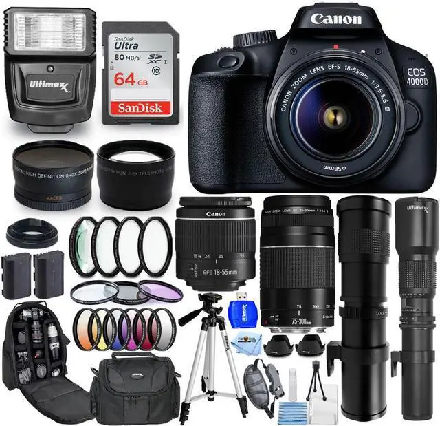 Main image of Canon EOS 4000D/Rebel T100 18-55mm III + 75-300mm + 500mm + 420-800mm - 64GB Kit