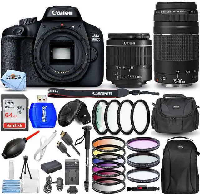 Main image of Canon EOS 4000D / Rebel T100 4 Lenses 18-55mm + 75-300mm + 64GB Top Value Bundle