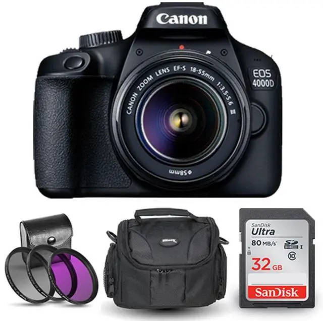 Main image of Canon EOS 4000D / Rebel T100 18-55mm III Lens with 32GB SD + Case + Filter Kit
