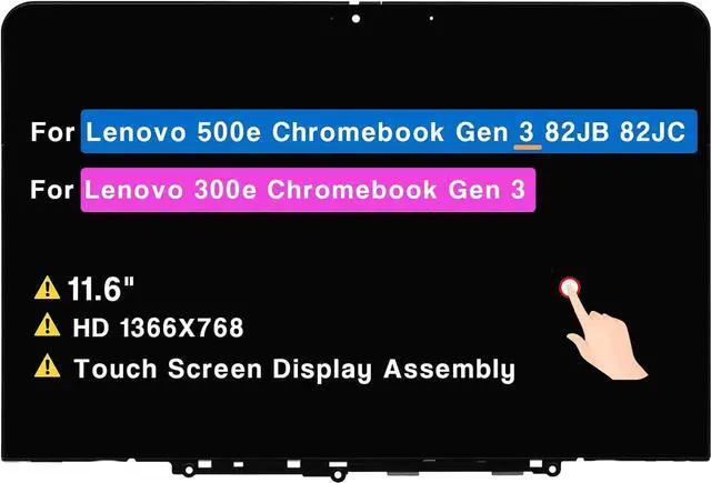Main image of NUOLAISUN 11.6" Screen Replacement for Lenovo 500E 300E ChroMebook Gen 3 82JB 82JC 82JB0000US 82JB0001US 82JB0002US 82JB000WUS LCD Touch Screen Display Assembly 5D11C95886 5D11M35206 (NO Pen Touch)
