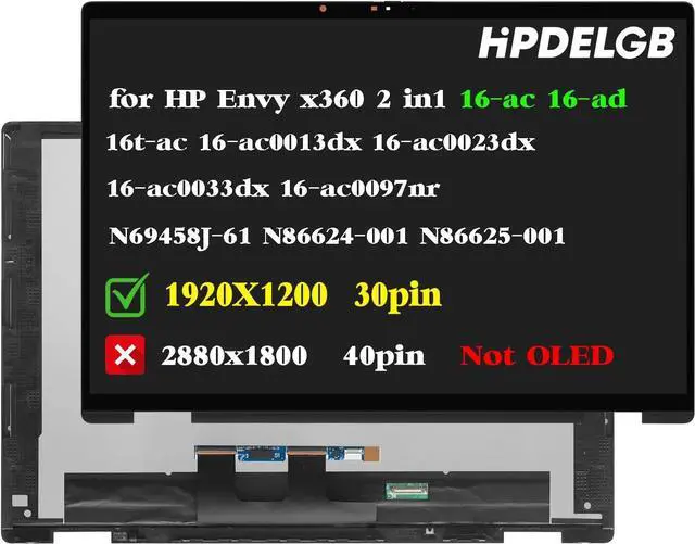Main image of NUOLAISUN for HP Envy x360 2-in-1 16-ac 16-ad 16t-ac 16-ac0013dx 16-ac0023dx 16-ad0023DX 16-ac0033dx 16-ac0097nr N69458-J61 N86624-001 N86625-001 LCD Touch Screen Display Assembly 1920x1200