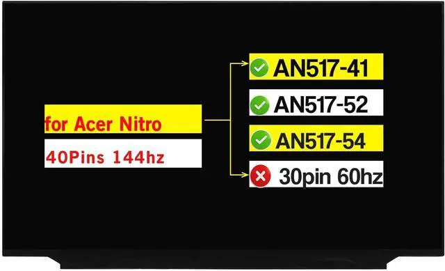Main image of NUOLAISUN 17.3" Replacement for Acer Nitro 5 AN517-41 AN517-52 AN517-54 FHD 1920x1080 Non-Touch Screen LCD Display Panel (40 Pins 144HZ)