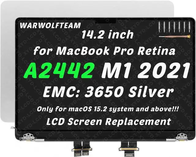 Main image of 14.2inch Compatible with MacBook Pro A2442 Retina M1 Pro/Max 2021 EMC 3650 MKGR3LL/A MKGT3LL/A 3024 x 1964 LCD LED Screen Replacement Whole Hinge-up Assembly(Silver)