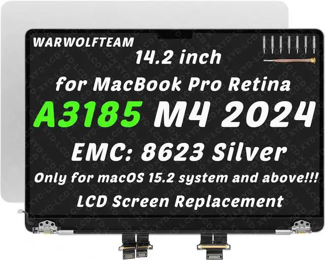 Main image of Compatible with MacBook Pro A3185 M4 Pro/Max 2024 EMC 8623 MX2J3 MX2K3 LCD Screen Replacement Cover Cable Hinges Full Top Complete Assembly 14in 3024 x 1964(Silver)
