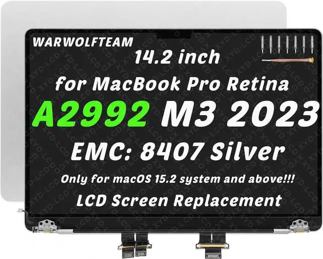 Main image of 14.2inch Compatible with MacBook Pro A2992 Retina M3 Pro/Max 2023 EMC 8407 MRX63 MRX73 MRX83 3024 x 1964 LCD LED Screen Replacement Whole Hinge-up Assembly(Silver)