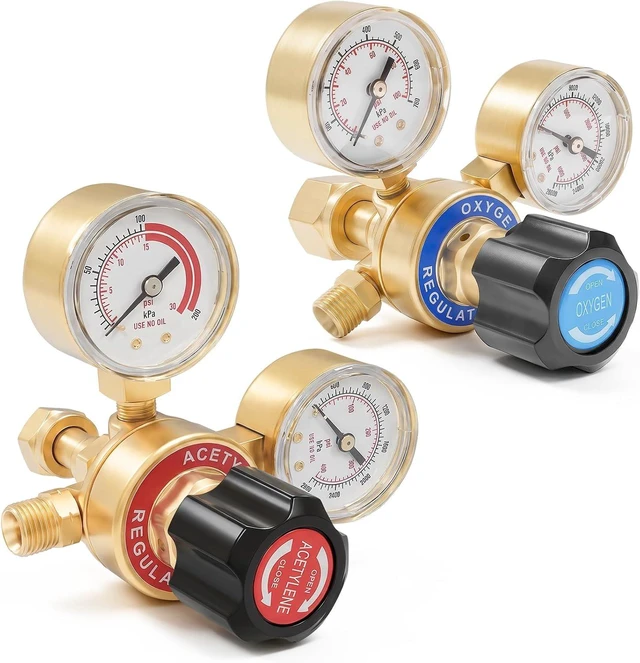 Main image of Oxygen Acetylene Regulator Set, CGA540 & CGA200, Compatible with V-Style Torch Cutting, Heavy-Duty Gas Welding Pressure Regulators with T-Handle Adjustments