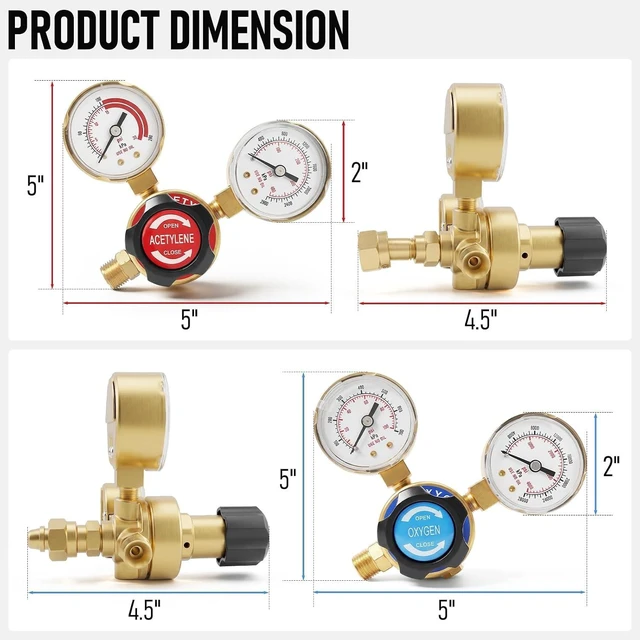 Alt view image 5 of 7 - Oxygen Acetylene Regulator Set, CGA540 & CGA200, Compatible with V-Style Torch Cutting, Heavy-Duty Gas Welding Pressure Regulators with T-Handle Adjustments