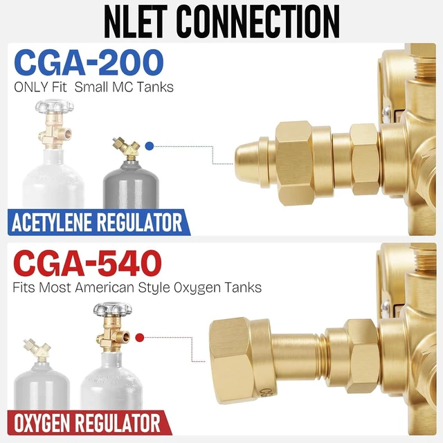 Alt view image 3 of 7 - Oxygen Acetylene Regulator Set, CGA540 & CGA200, Compatible with V-Style Torch Cutting, Heavy-Duty Gas Welding Pressure Regulators with T-Handle Adjustments