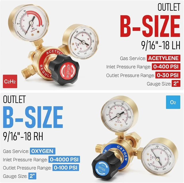Alt view image 4 of 7 - Oxygen Acetylene Regulator Set, CGA540 & CGA200, Compatible with V-Style Torch Cutting, Heavy-Duty Gas Welding Pressure Regulators with T-Handle Adjustments