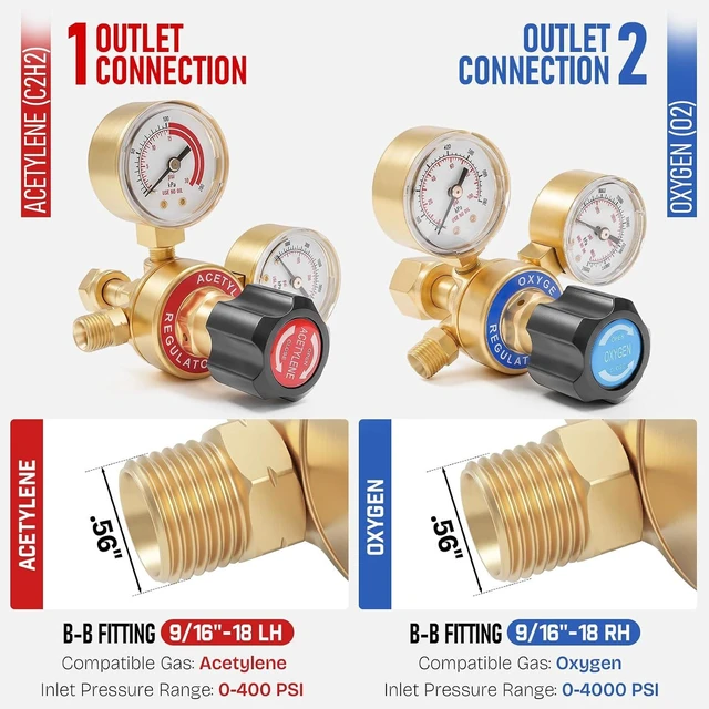 Alt view image 6 of 7 - Oxygen Acetylene Regulator Set, CGA540 & CGA200, Compatible with V-Style Torch Cutting, Heavy-Duty Gas Welding Pressure Regulators with T-Handle Adjustments