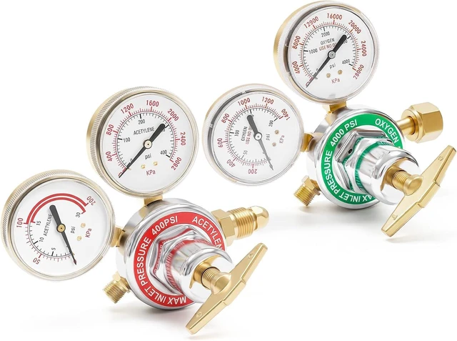 Main image of Oxygen Acetylene Regulator Set, CGA540 & CGA510, Compatible with V-Style Torch Cutting, Heavy-Duty Gas Welding Pressure Regulators with T-Handle Adjustments