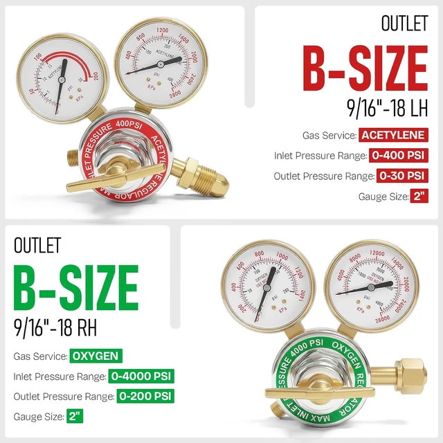 Alt view image 7 of 7 - Oxygen Acetylene Regulator Set, CGA540 & CGA510, Compatible with V-Style Torch Cutting, Heavy-Duty Gas Welding Pressure Regulators with T-Handle Adjustments
