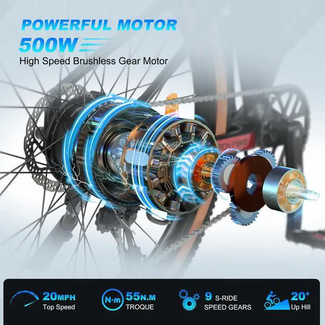 Alt view image 3 of 7 - 500W Carbon fiber Mountain EBike  for Adults,Dual Hydraulic Brake,Shimano 9 Speed ,IPX6 water-resistant