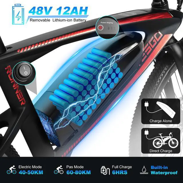 Alt view image 4 of 7 - 500W Carbon fiber Mountain EBike  for Adults,Dual Hydraulic Brake,Shimano 9 Speed ,IPX6 water-resistant