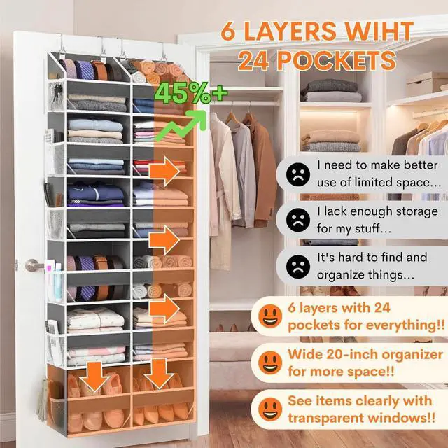 Alt view image 2 of 7 - 2 Pack Over The Door Organizer 6 Tiers, Extra Large Behind Door Storage of 12 Compartments, 80 lbs Weight Capacity Hanging Storage Organizer with Clear Window Kids Toys,Shoes (6 Tiers - Grey)