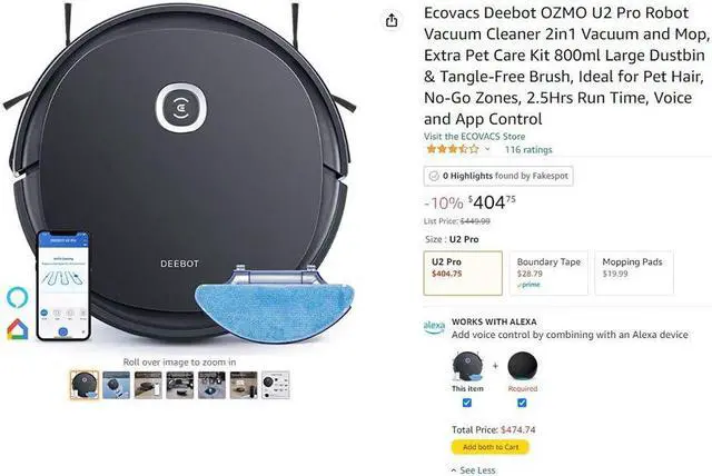 Alt view image 7 of 12 - Ecovacs Deebot OZMO U2 Pro Robot Vacuum Cleaner