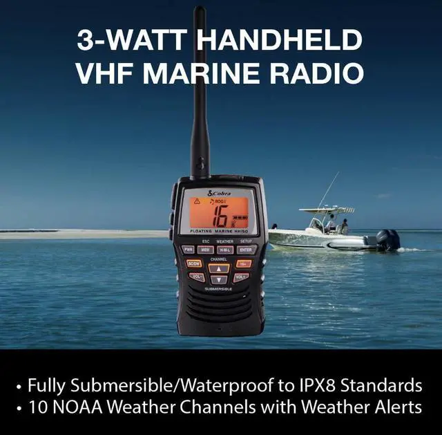 Alt view image 4 of 5 - Cobra Marine Radio - MR HH150 FLT - 3 Watt, Floating, Long Range, Handheld, VHF Radio, NOAA, International, Waterproof, Submersible, Weather Alerts, LCD Screen, Belt Clip