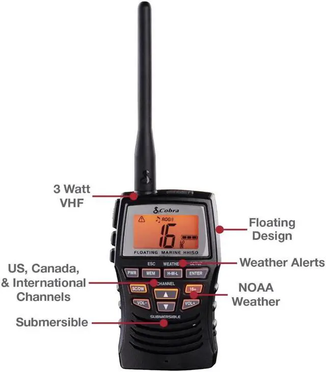 Alt view image 2 of 5 - Cobra Marine Radio - MR HH150 FLT - 3 Watt, Floating, Long Range, Handheld, VHF Radio, NOAA, International, Waterproof, Submersible, Weather Alerts, LCD Screen, Belt Clip