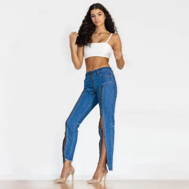 Alt view image 7 of 7 - Shascullfites Melody open crotch jeans with zippers sexy dance blue jeans for women Small Blue Indigo