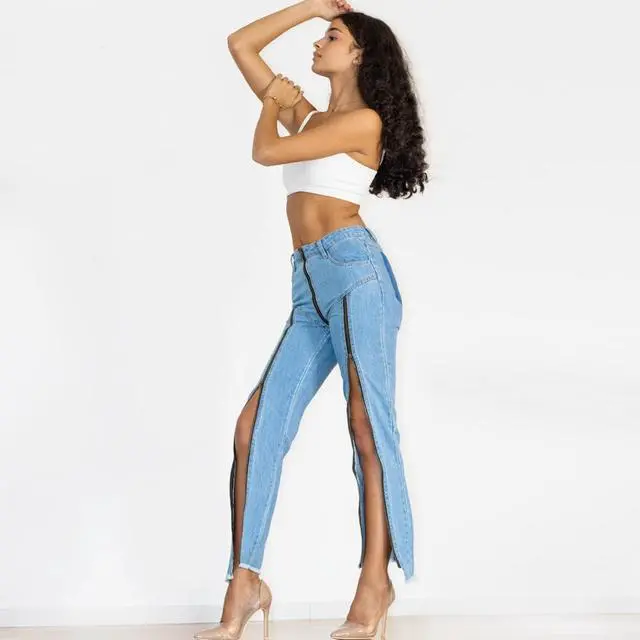 Alt view image 7 of 7 - Shascullfites Melody open crotch jeans with zippers sexy dance blue jeans for women Medium Blue