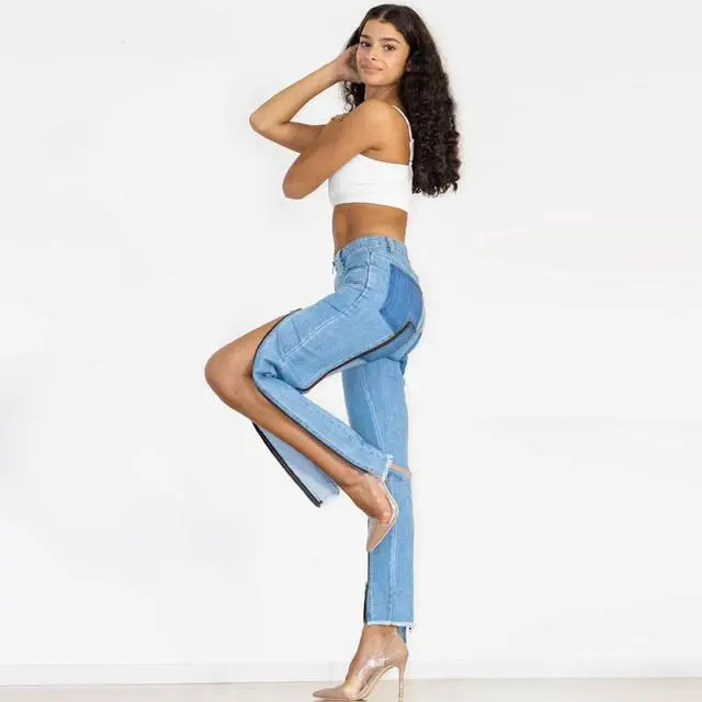 Alt view image 6 of 7 - Shascullfites Melody open crotch jeans with zippers sexy dance blue jeans for women Large Blue