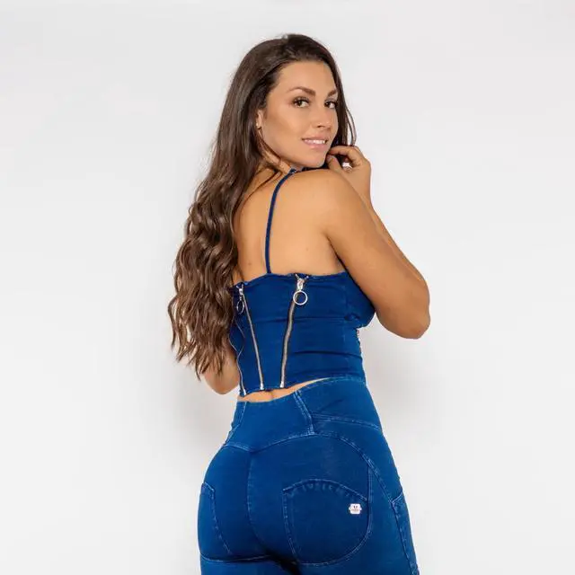 Alt view image 4 of 7 - Shascullfites melody shaping effect shapers for women denim look tops with zippers push up shapewear Medium blue washed