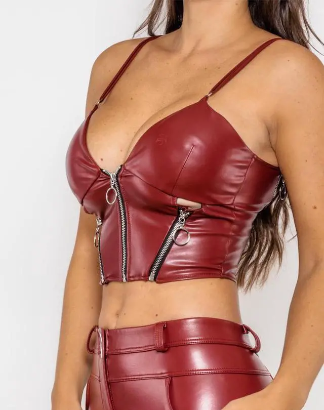 Alt view image 7 of 7 - Shascullfites melody shaping effect shapers for women denim look tops with zippers push up shapewear Medium red PU