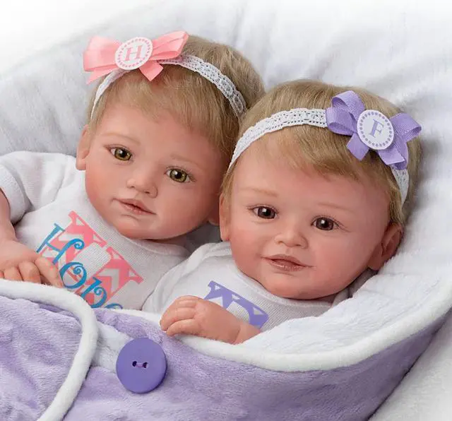 Alt view image 3 of 7 - The Ashton - Drake Galleries Lifelike Poseable Twins "Hope and Faith" Baby Dolls Set with Purple Baby Bunting by Mayra Garza 14-inches