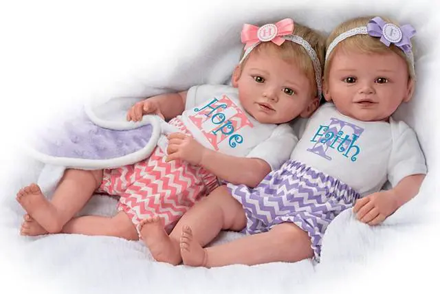 Alt view image 2 of 7 - The Ashton - Drake Galleries Lifelike Poseable Twins "Hope and Faith" Baby Dolls Set with Purple Baby Bunting by Mayra Garza 14-inches