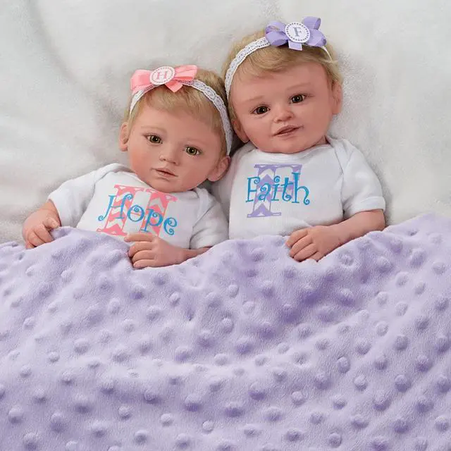 Alt view image 4 of 7 - The Ashton - Drake Galleries Lifelike Poseable Twins "Hope and Faith" Baby Dolls Set with Purple Baby Bunting by Mayra Garza 14-inches