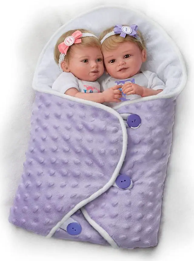 Alt view image 6 of 7 - The Ashton - Drake Galleries Lifelike Poseable Twins "Hope and Faith" Baby Dolls Set with Purple Baby Bunting by Mayra Garza 14-inches