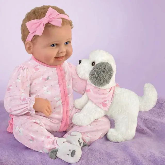 Alt view image 2 of 7 - The Ashton - Drake Galleries Interactive Layla Coo's and Giggles with Plush Puppy that Happy Barks Back So Truly Real® Girl Doll with RealTouch® Vinyl Skin by Master Doll Artist Bonnie Chyle 18-inches