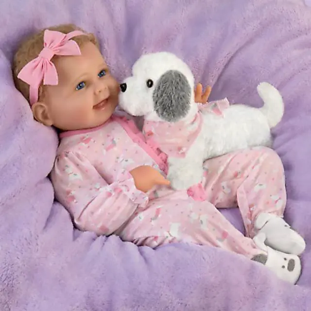 Alt view image 4 of 7 - The Ashton - Drake Galleries Interactive Layla Coo's and Giggles with Plush Puppy that Happy Barks Back So Truly Real® Girl Doll with RealTouch® Vinyl Skin by Master Doll Artist Bonnie Chyle 18-inches