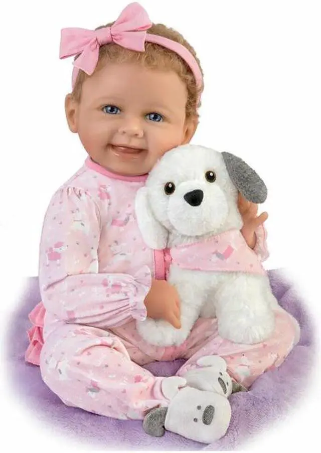 Alt view image 5 of 7 - The Ashton - Drake Galleries Interactive Layla Coo's and Giggles with Plush Puppy that Happy Barks Back So Truly Real® Girl Doll with RealTouch® Vinyl Skin by Master Doll Artist Bonnie Chyle 18-inches