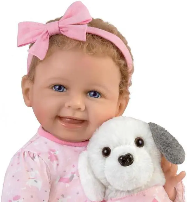 Alt view image 6 of 7 - The Ashton - Drake Galleries Interactive Layla Coo's and Giggles with Plush Puppy that Happy Barks Back So Truly Real® Girl Doll with RealTouch® Vinyl Skin by Master Doll Artist Bonnie Chyle 18-inches