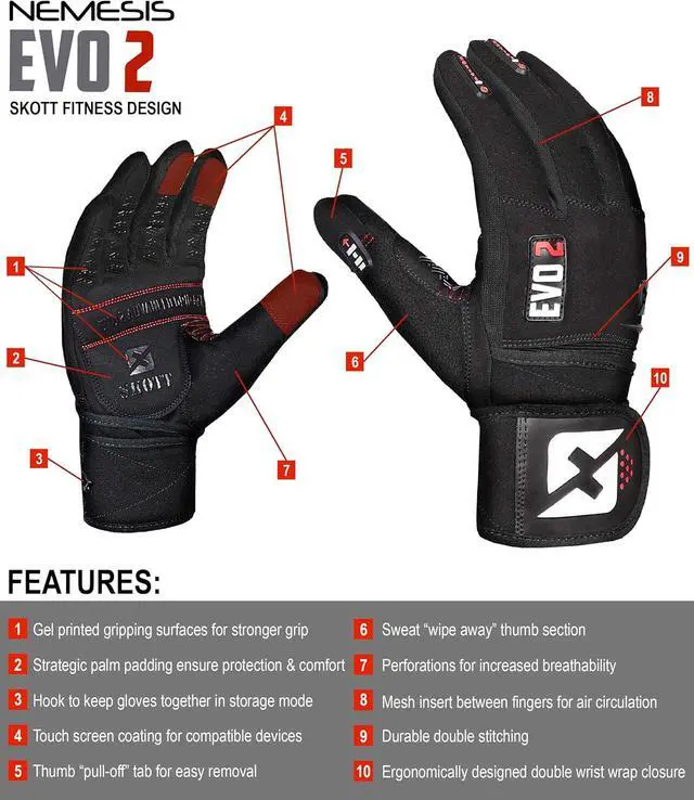 Alt view image 3 of 7 - Skott Nemesis Full Length Evo2 Weightlifting Gloves with Integrated Wrist Wrap Support-Double Stitching for Extra Durability-Get Ripped with for Fitness and Exercise (Medium, Unisex)