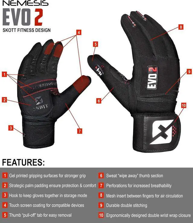 Alt view image 3 of 7 - Skott Nemesis Full Length Evo2 Weightlifting Gloves with Integrated Wrist Wrap Support-Double Stitching for Extra Durability-Get Ripped with for Fitness and Exercise (Large, Unisex)