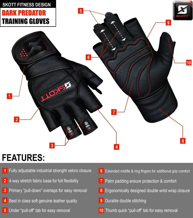 Alt view image 6 of 7 - Skott Dark Predator Weightlifting Gloves Genuine Leather Gym Gloves with Double Wrist Support Padded Palm 3D Heavy Duty Training Best Body Building Fitness and Exercise Accessories (Medium, Unisex)