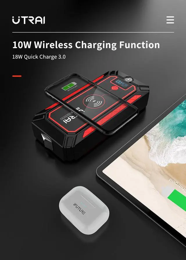 Alt view image 4 of 7 - UTRAI 2500A 24000mAh(8L Gas 7.5L Diesel Engine) 12V Battery Jump Pack Power Bank with Flashlight, USB QC3.0 (Model BJ-4-OR)