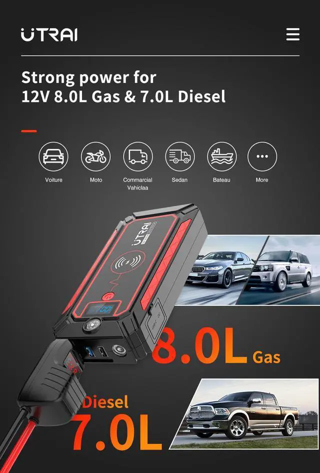 Alt view image 6 of 7 - UTRAI 2500A 24000mAh(8L Gas 7.5L Diesel Engine) 12V Battery Jump Pack Power Bank with Flashlight, USB QC3.0 (Model BJ-4-OR)