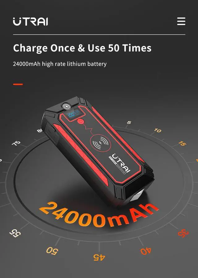 Alt view image 7 of 7 - UTRAI 2500A 24000mAh(8L Gas 7.5L Diesel Engine) 12V Battery Jump Pack Power Bank with Flashlight, USB QC3.0 (Model BJ-4-OR)