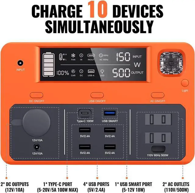 Alt view image 4 of 7 - DBPOWER Portable Power Station 505Wh 500W (Peak 1000W) Outdoor Generator Mobile Lithium Battery Pack with 110V AC Outlet (Solar Panel Not Included) SOS LED for Road Trip Camping Outdoor Adventure