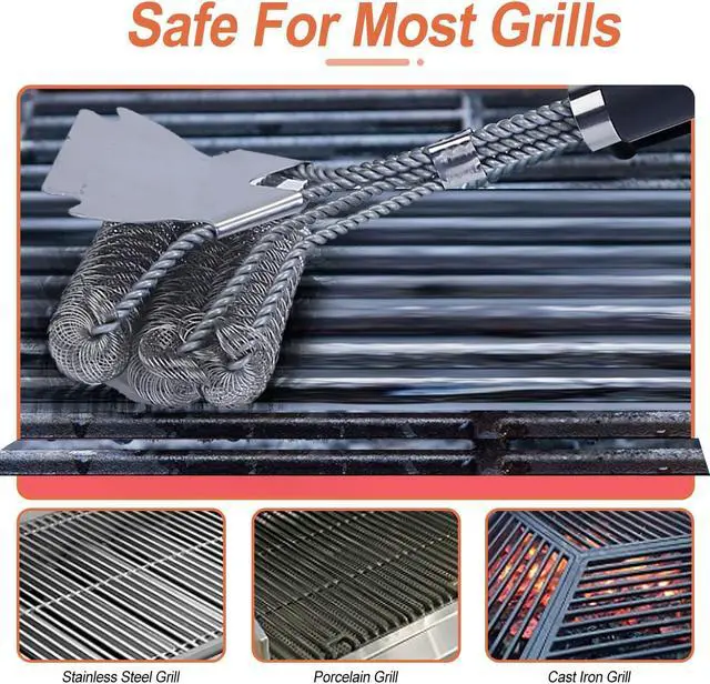 Alt view image 2 of 7 - BBQ Grill Cleaning Brush Stainless Steel Barbecue Cleaner Scraper 16.5in Handle Stiff Wire Bristles For Grill Cooking Grates