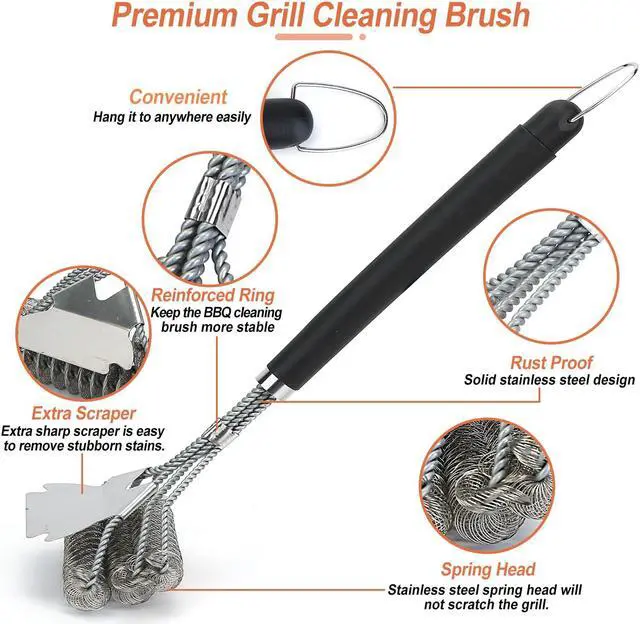 Alt view image 4 of 7 - BBQ Grill Cleaning Brush Stainless Steel Barbecue Cleaner Scraper 16.5in Handle Stiff Wire Bristles For Grill Cooking Grates