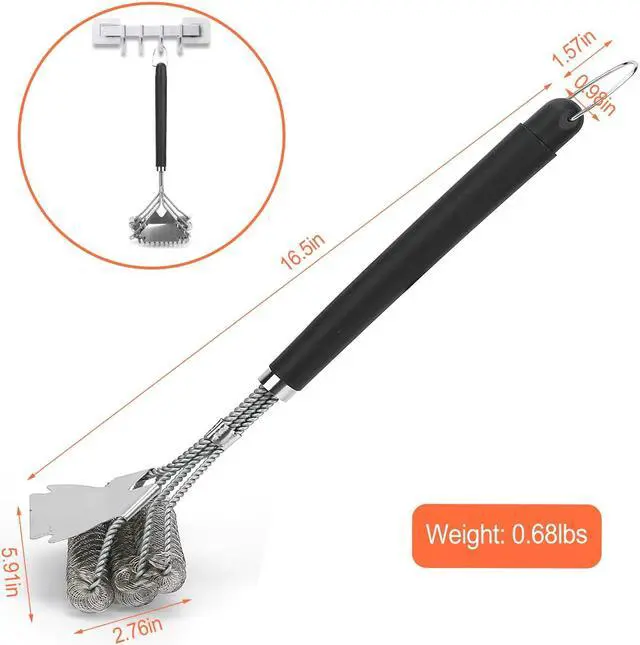 Alt view image 5 of 7 - BBQ Grill Cleaning Brush Stainless Steel Barbecue Cleaner Scraper 16.5in Handle Stiff Wire Bristles For Grill Cooking Grates