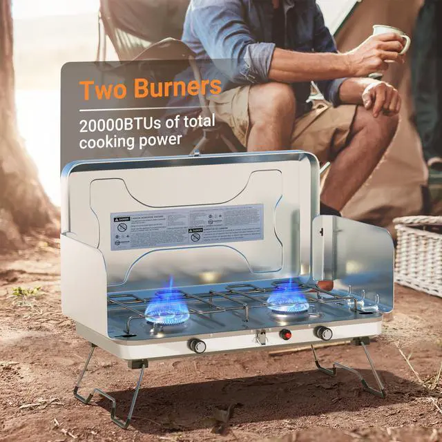 Alt view image 2 of 7 - Outdoor Propane Camping Stove;  20; 000 BTUs Portable Camping Stove with 2 Burners;  Easy to Clean;  Camp Stove for Car Camping;  Tailgating;  BBQ;  Picnics and Emergency Use