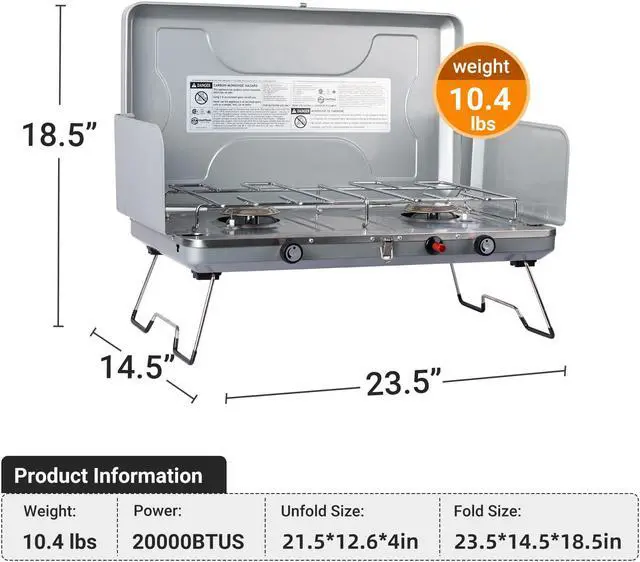 Alt view image 3 of 7 - Outdoor Propane Camping Stove;  20; 000 BTUs Portable Camping Stove with 2 Burners;  Easy to Clean;  Camp Stove for Car Camping;  Tailgating;  BBQ;  Picnics and Emergency Use