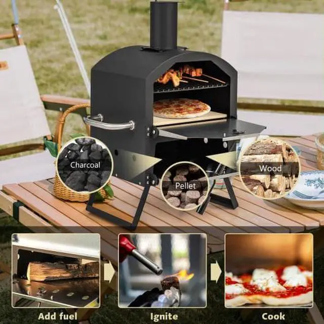 Alt view image 4 of 6 - Outdoor Pizza Oven with Anti-scalding Handles and Foldable Legs-Black