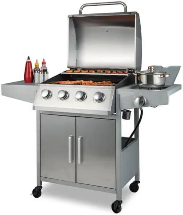 Alt view image 2 of 2 - 50000BTU 5-Burner Propane Gas Grill with Side Burner and 2 Prep Tables-Silver